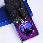 Crystal keychain with custom photo in blue box, personalized keepsake gift.