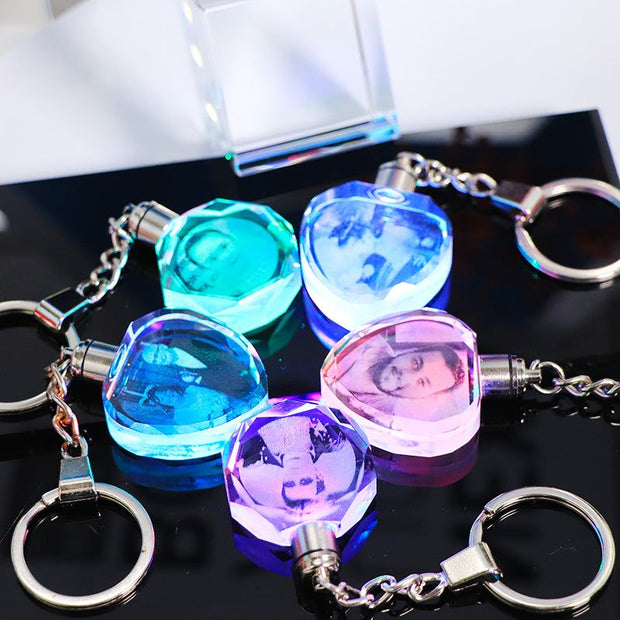 Crystal keychain with custom photo displaying vibrant colors and personalized images.
