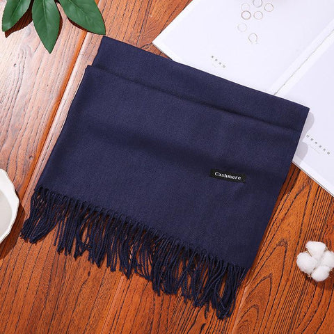 Elegant navy designer scarf shawl with fringes, perfect versatile fashion accessory.