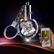 Crystal Keychain with Custom Photo showcasing a heartfelt image of a person and dog, illuminated with LED light.