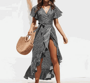 V-Neck Lace-Up Chiffon Skirt with irregular hem and high-rise waist.