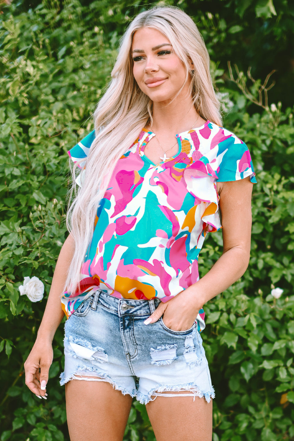 Multicolored Abstract Ruffle Blouse