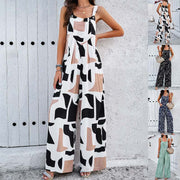 Trendy square neck jumpsuit with abstract pattern, perfect for versatile fashion styles.