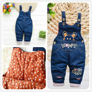 Children overalls with cartoon pattern, adjustable straps, and soft lining.