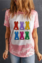 Rabbit Round Neck Tee with colorful rabbit graphic on pink background, casual and stylish.