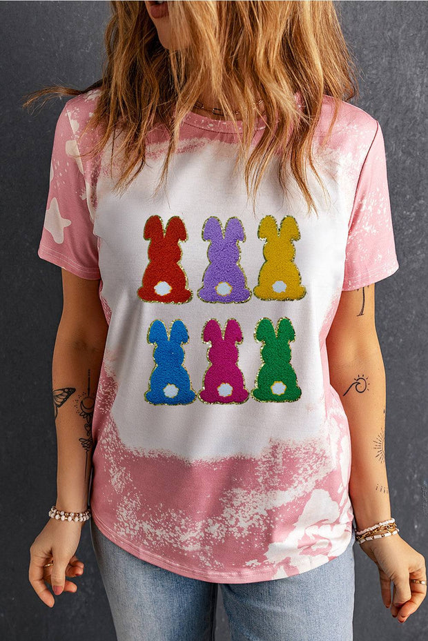 Rabbit Round Neck Tee with colorful rabbit graphic on pink background, casual and stylish.