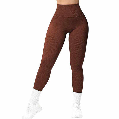 Breathable yoga suit in brown color showcasing high-waisted leggings.