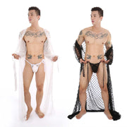 Men's Japanese Kimono in lace fabric, featuring wide sleeves and open front, available in white and black, includes thong and bathrobe.