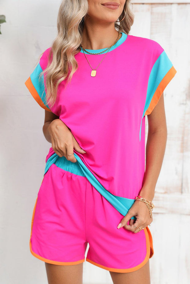 Rose Red Color Block Loose Fit Set featuring vibrant color blocks and relaxed silhouette.