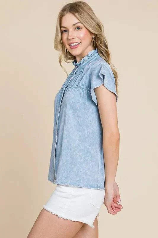 Lime N Chili Flutter Sleeve Button Down Shirt in blue with frill detail and casual fit.