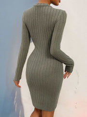Button Round Neck Long Sleeve Dress with vertical ribbed design.