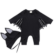 Batman baby onesie with hat featuring ear design and bat wing details.