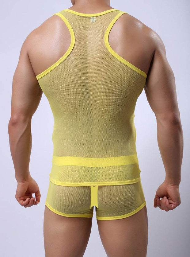 Yellow mens mesh underwear set from back, showcasing breathable fabric and athletic fit.