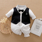 Baby Gentleman Jumpsuit with bowtie, vest details, and elegant design on display.