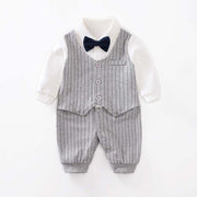 Baby Gentleman Jumpsuit with bowtie, collared shirt, and vest design.