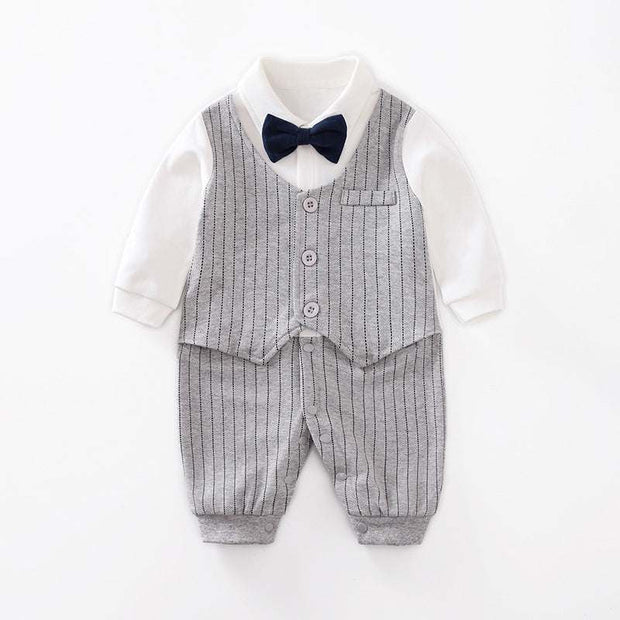 Baby Gentleman Jumpsuit with bowtie, collared shirt, and vest design.