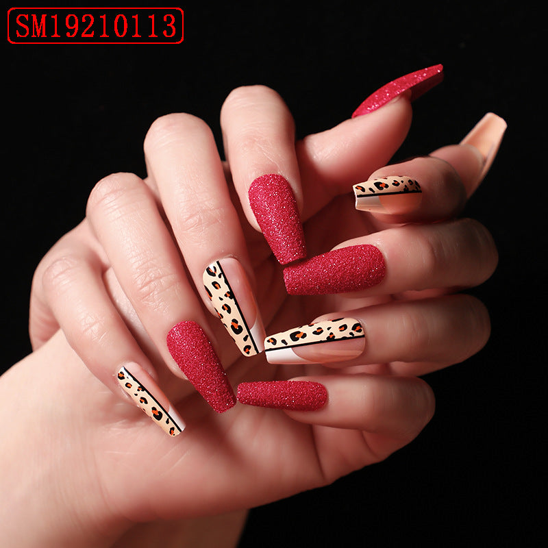 Red Color Leopard Print False Nails