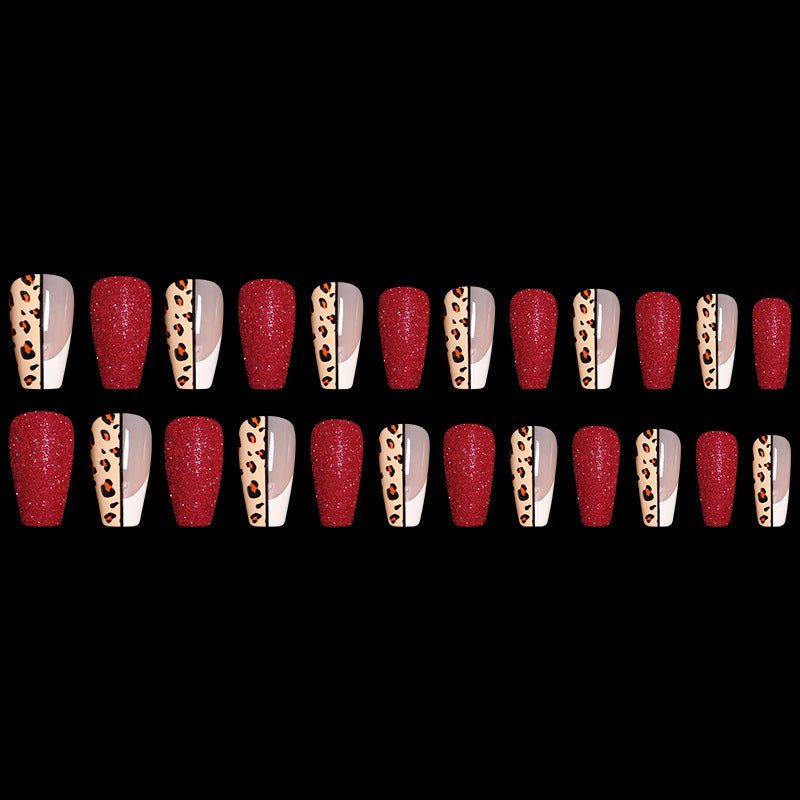 Red Color Leopard Print False Nails