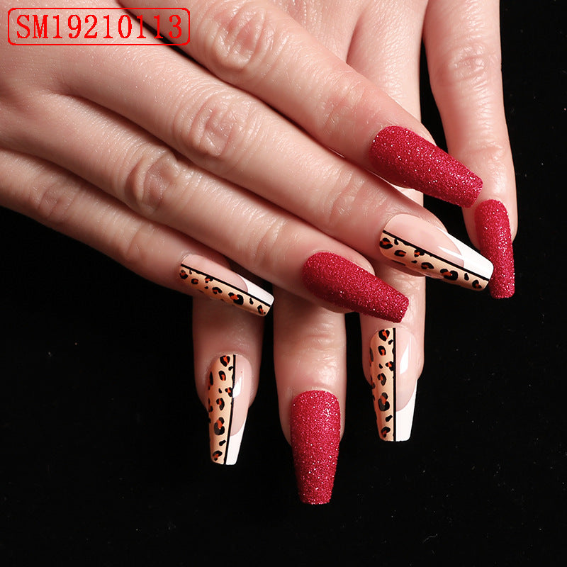 Red Color Leopard Print False Nails