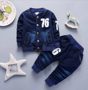 Boys denim suit with a dark blue denim jacket and matching pants, featuring numbers on the chest and thigh.