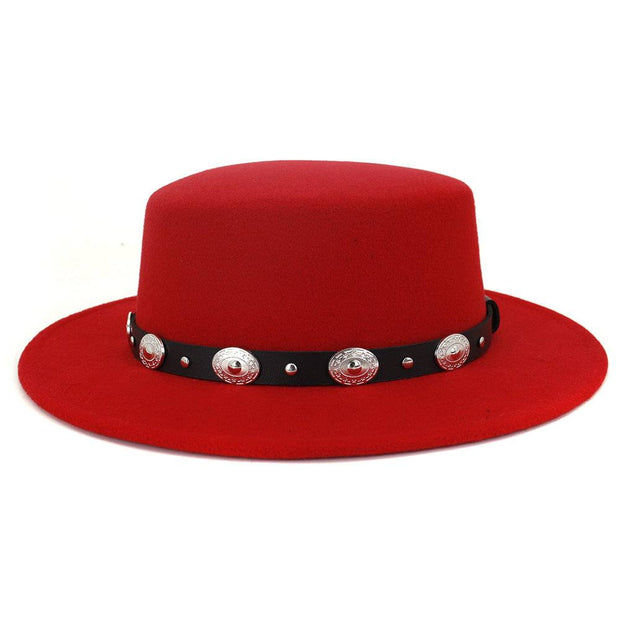 Red British Metal Buckle Jazz Hat, stylish wool/felt with rivet detail and refined metal buckle.