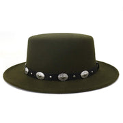British Metal Buckle Jazz Hat with elegant metal buckle, unisex, wool/felt, flat eaves, ideal for outdoor use.