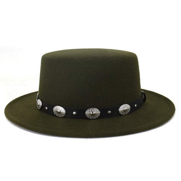 British Metal Buckle Jazz Hat with elegant metal buckle, unisex, wool/felt, flat eaves, ideal for outdoor use.