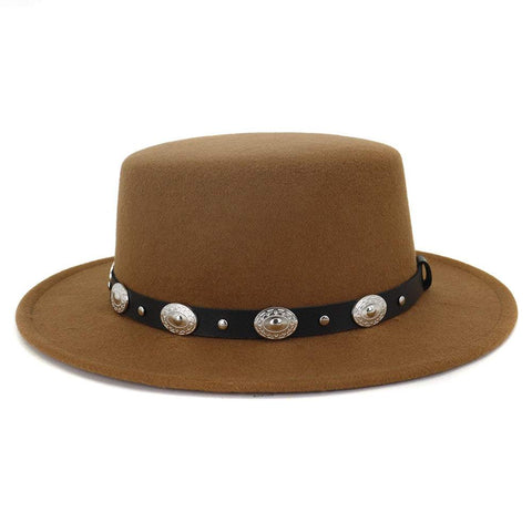 British metal buckle jazz hat in brown wool with decorative buckle and flat eaves.