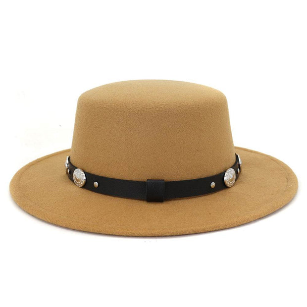 British Metal Buckle Jazz Hat with stylish bell-shaped design and elegant flat eaves.
