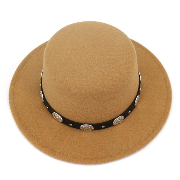 British Metal Buckle Jazz Hat with classic design, metal buckle, unisex, wool/felt construction.
