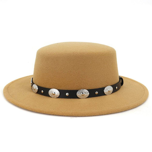 British Metal Buckle Jazz Hat with black band and silver buckles, flat eaves, stylish wool/felt design.