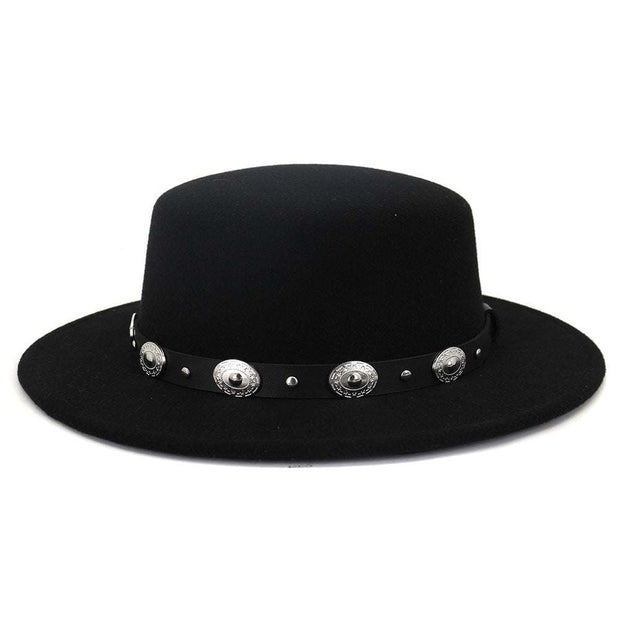 British Metal Buckle Jazz Hat with black wool and rivet details.