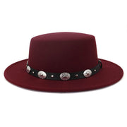 British Metal Buckle Jazz Hat with metal buckle on burgundy felt, versatile and elegant design.