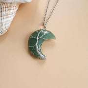 Moon Tree Of Life Necklace with crescent moon and tree design, white crystal pendant, women's jewelry.