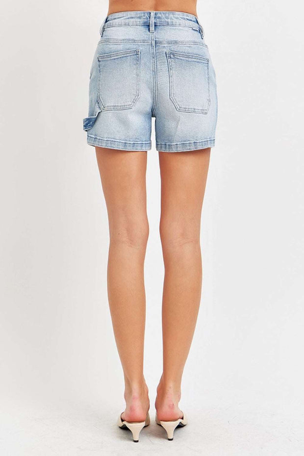 Back view of RISEN Denim Shorts showcasing mid-rise and stylish cut.