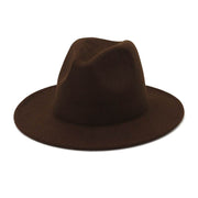 Two-tone flat brim fedora in brown with bell crown, sun protection feature.