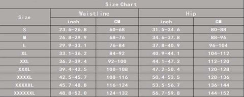 Size chart for Belly Compression Leggings, detailing waistline and hip measurements in inch and cm for various sizes from S to XXXXXXXL.