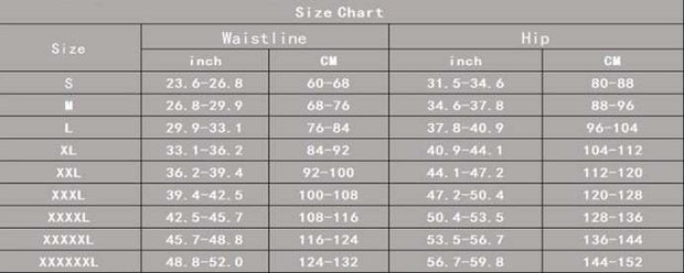 Size chart for Belly Compression Leggings, detailing waistline and hip measurements in inch and cm for various sizes from S to XXXXXXXL.