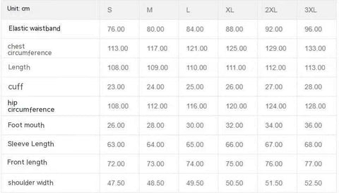 Size chart for Casual Sports Suit in various measurements including elastic waistband, chest, and sleeve length.