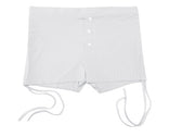 Drawstring shorts in silver gray with button detail and adjustable waist ties.