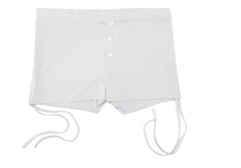 Drawstring shorts in silver gray with button detail and adjustable waist ties.
