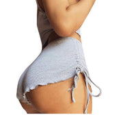 Silver gray drawstring shorts showcasing adjustable waist and soft fabric.