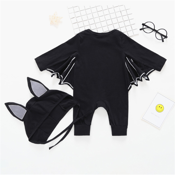 Batman Baby Onesie with bat-wing detail and matching hat, black long-sleeve cotton for infants.
