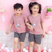 Youth Cotton Short-Sleeve Suit with bear print, featuring a short-sleeve shirt and shorts, perfect for summer wear.