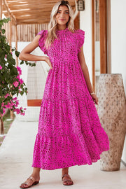 Rose Red Leopard Print Maxi Dress with ruffle sleeves, vibrant rose hue, and flowing silhouette.