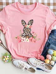 Round Neck Rabbit Tee with floral bunny print, perfect for casual wear.