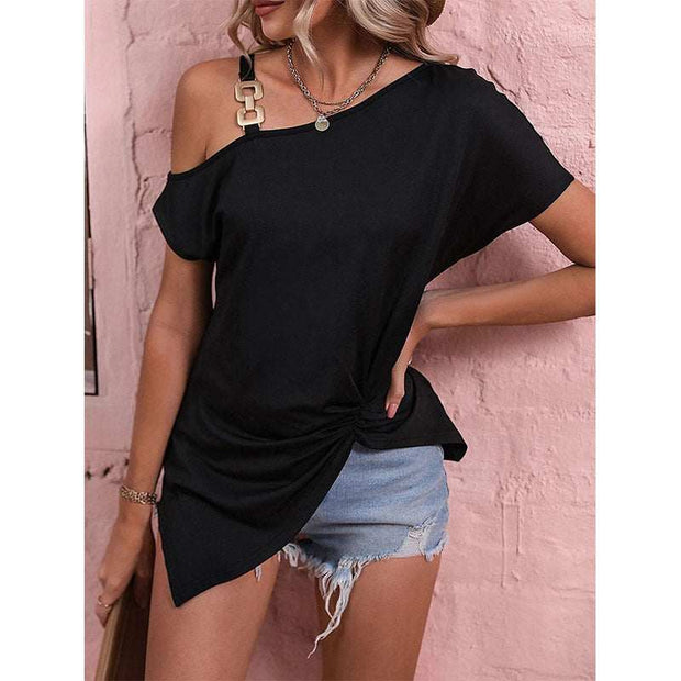 Women's black off-shoulder blouse with stylish design and flattering neckline.