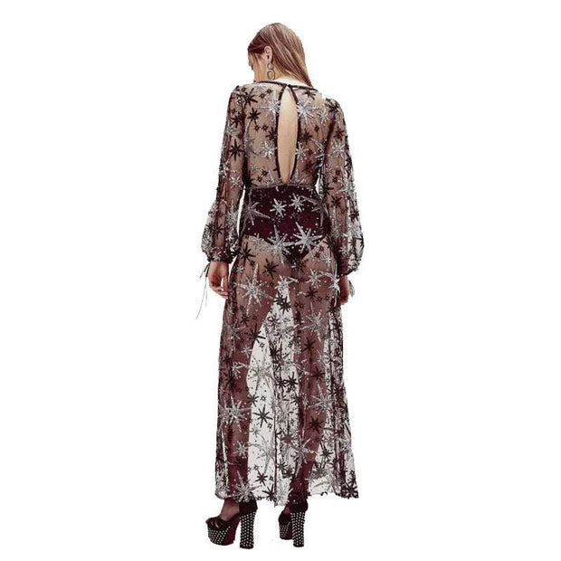 Elegant Hot Lace Dress Europe-America with intricate lace, sequins, and high-waist design, perfect for formal occasions.