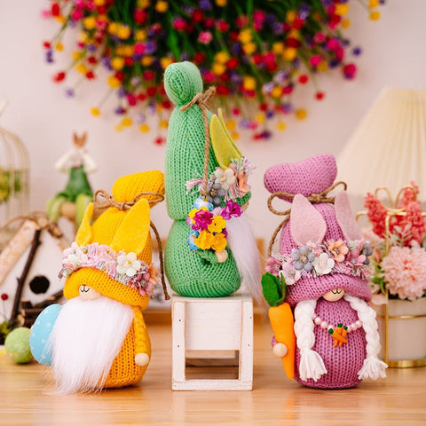 Easter knit faceless dolls with decorative flowers and vibrant colors, ideal for holiday decor and imaginative play.