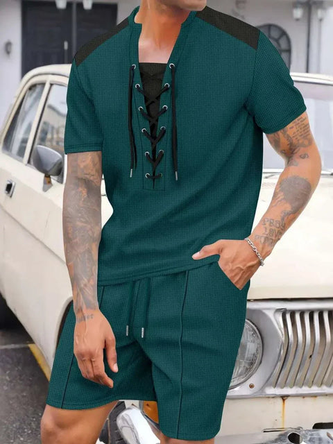 Waffle Knit Top and Shorts Set with lace-up neckline and drawstring shorts in green.